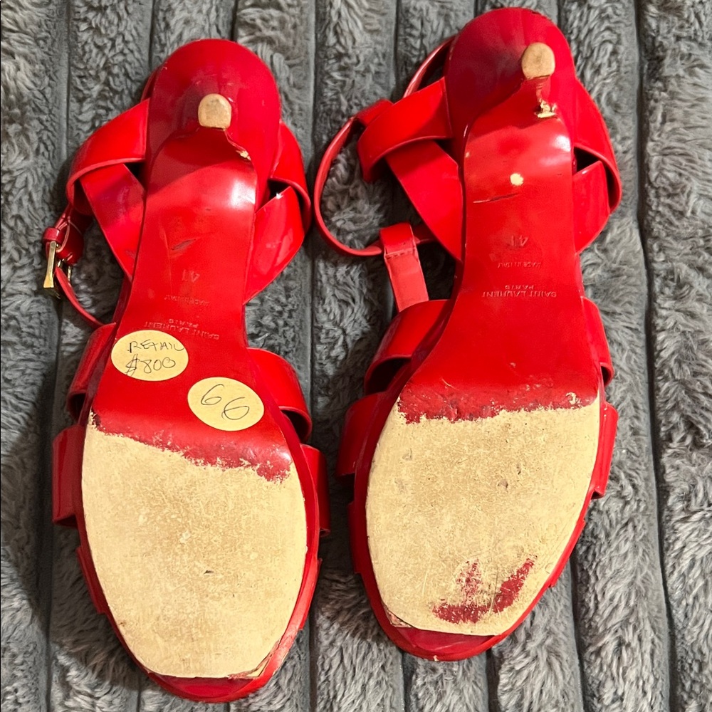 YSL Saint Laurent Red Patent Strappy Platform Heels - Picture 10 of 13